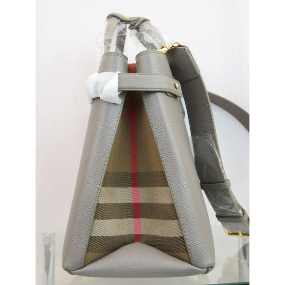 $1790 BURBERRY MD BANNER TAUPE GRAY LEATHER CHECK SHOULDER MEDIUM TOTE BAG - Picture 2 of 16